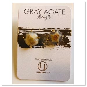 Laura Janelle Gray Agate Stone Stud Earrings Natural Gray Color New